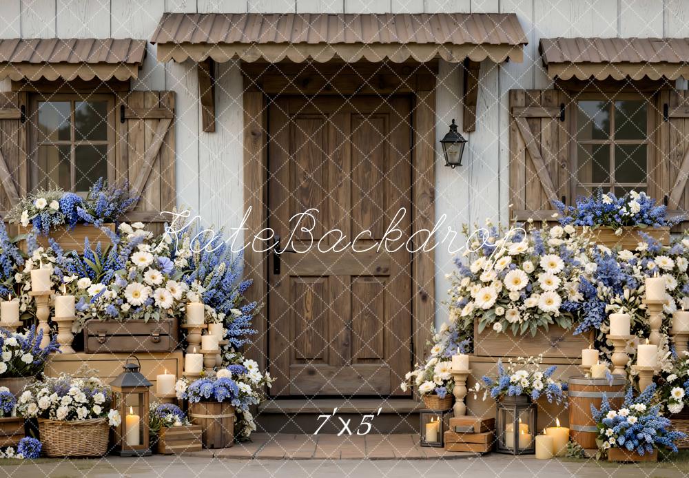 Kate Spring Rustic Porch Blue White Flowers Candles Crates Backdrop Designed by Mini MakeBelieve