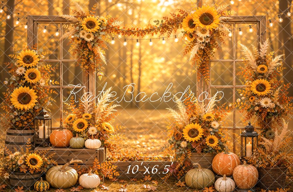 Kate Fall Forest Sunflower Pumpkins Arch Window Door Printed Backdrop Designed by Emetselch