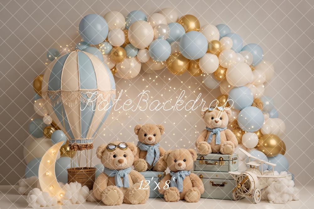 Kate Cake Smash Hot Air Balloon Teddy Bear Balloon Arch Blue Gold Backdrop Designed by Emetselch