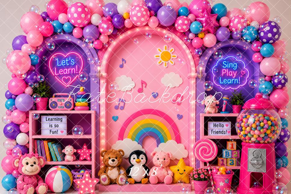 Kate Cake Smash Pink Learning Playroom Balloon Arch Rainbow Printed Backdrop Designed by Ashley Paul