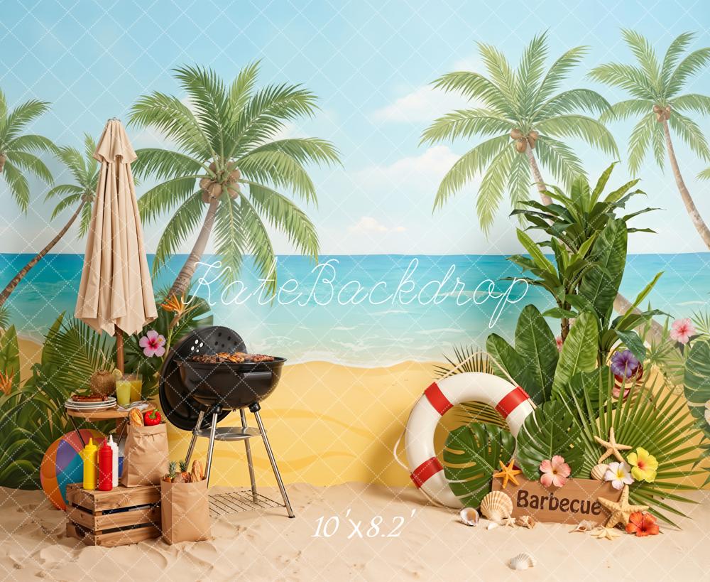 Kate Summer Beach Palm Trees Barbecue Umbrella Flowers Backdrop Designed by Emetselch