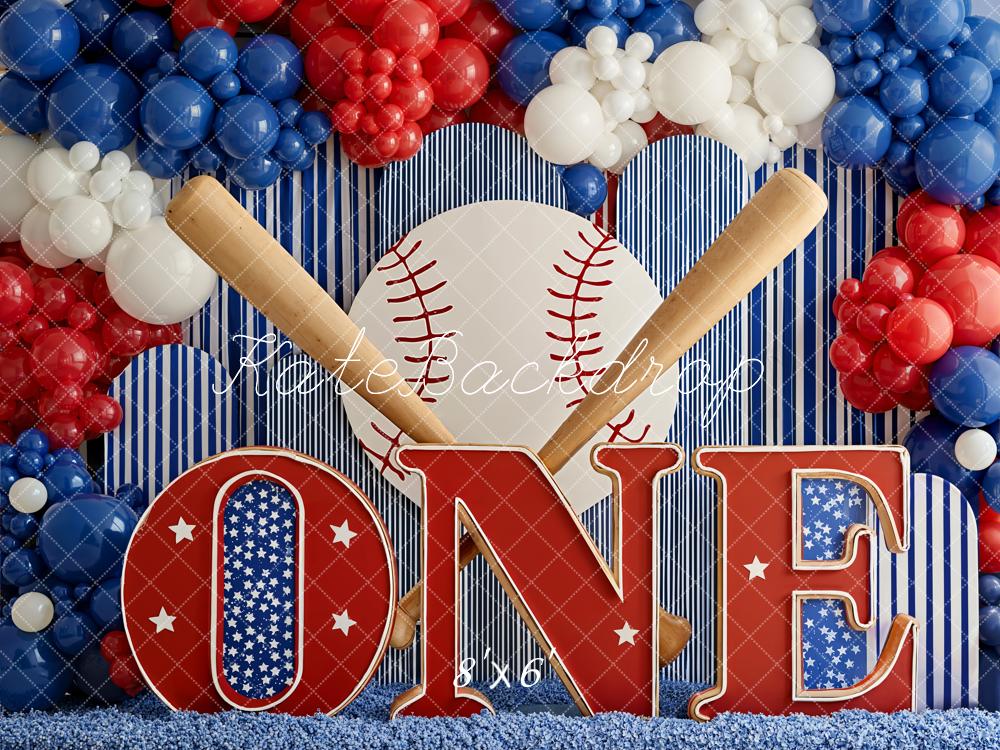 Kate Cake Smash Baseball Bats Balloons ONE Letters Red White Blue Printed Backdrop Designed by Emetselch