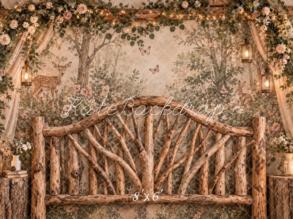 Kate Forest Headboard Rustic Brown Woodland Deer Lanterns Printed Backdrop Designed by Laura Bybee