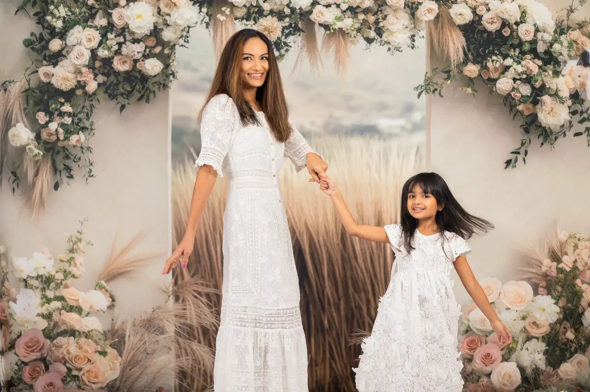 Kate Boho Flower Arch Wheat Field Backdrop Designed by Mini MakeBelieve