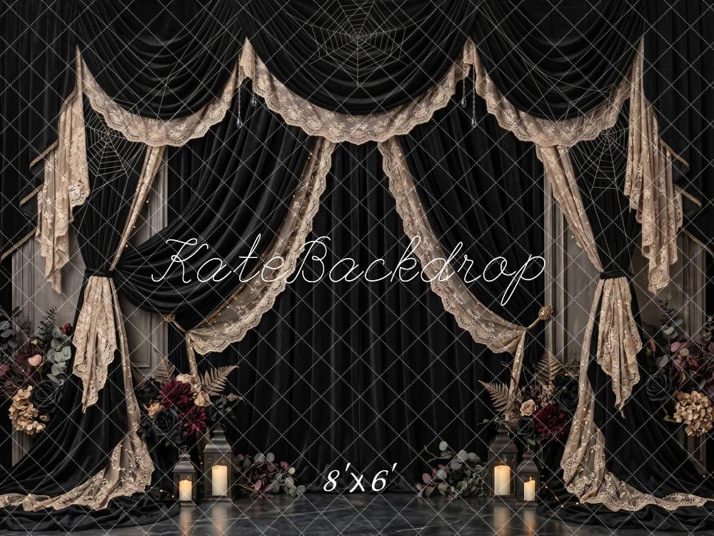 Kate Halloween Gothic Black Lace Victorian Mourning Drapery Printed Backdrop Designed by Patty Roberts