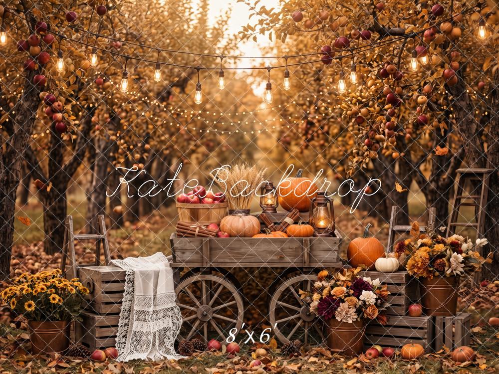 Kate Fall Apple Orchard Pumpkin Floral Wagon Wood Printed Backdrop Designed by Patty Roberts