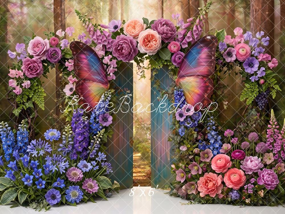 Kate Fantasy Enchanted Butterfly Gate Flower Forest Printed Backdrop Designed by Angela Miller