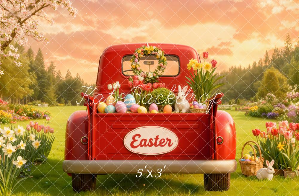 Kate Easter Red Truck Eggs Bunny Flowers Garden Backdrop Designed by Emetselch