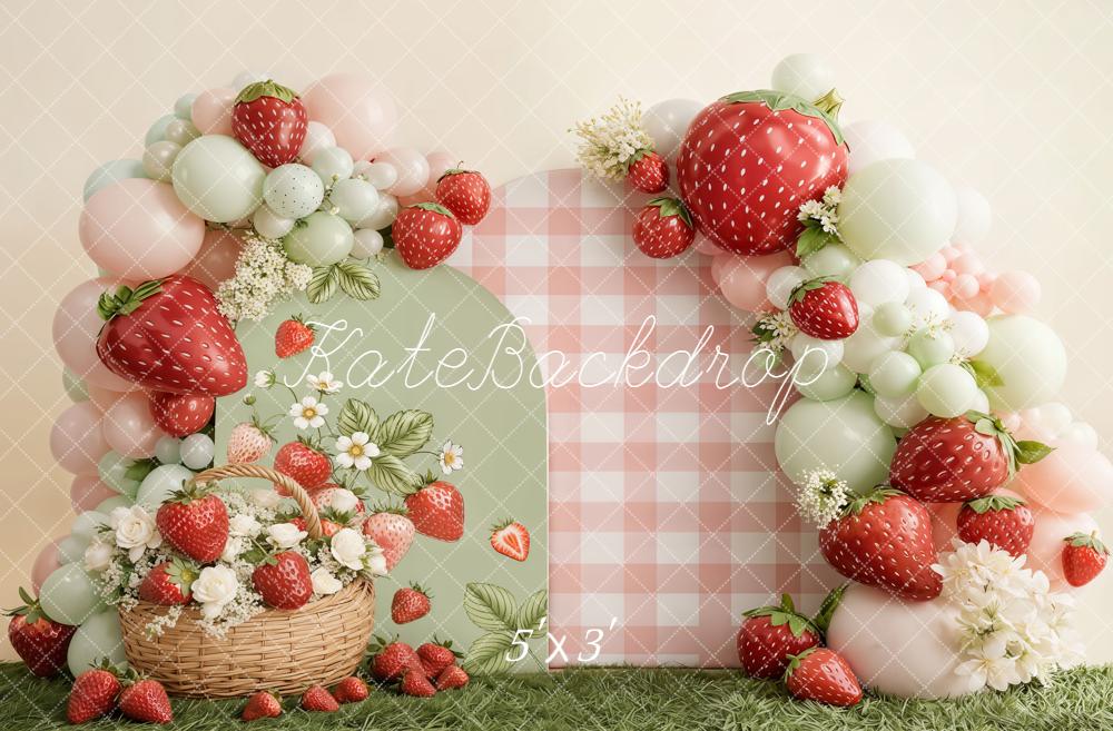 Kate Cake Smash Strawberry Balloon Arch Gingham Basket Flowers Backdrop Designed by Emetselch