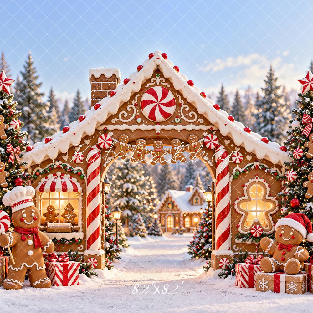 Kate Christmas Gingerbread House Candy Cane Arch Snowy Printed Backdrop Designed by Chain Photography
