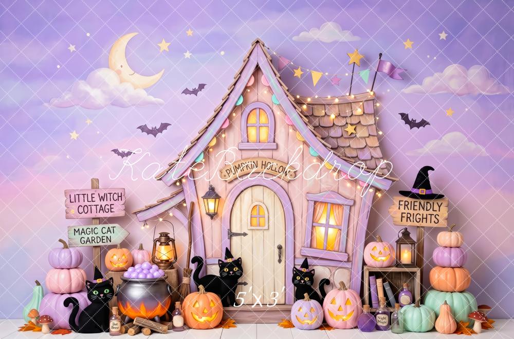 Kate Halloween Cake Smash Witch Cottage Pumpkins Black Cats Printed Backdrop Designed by Patty Roberts