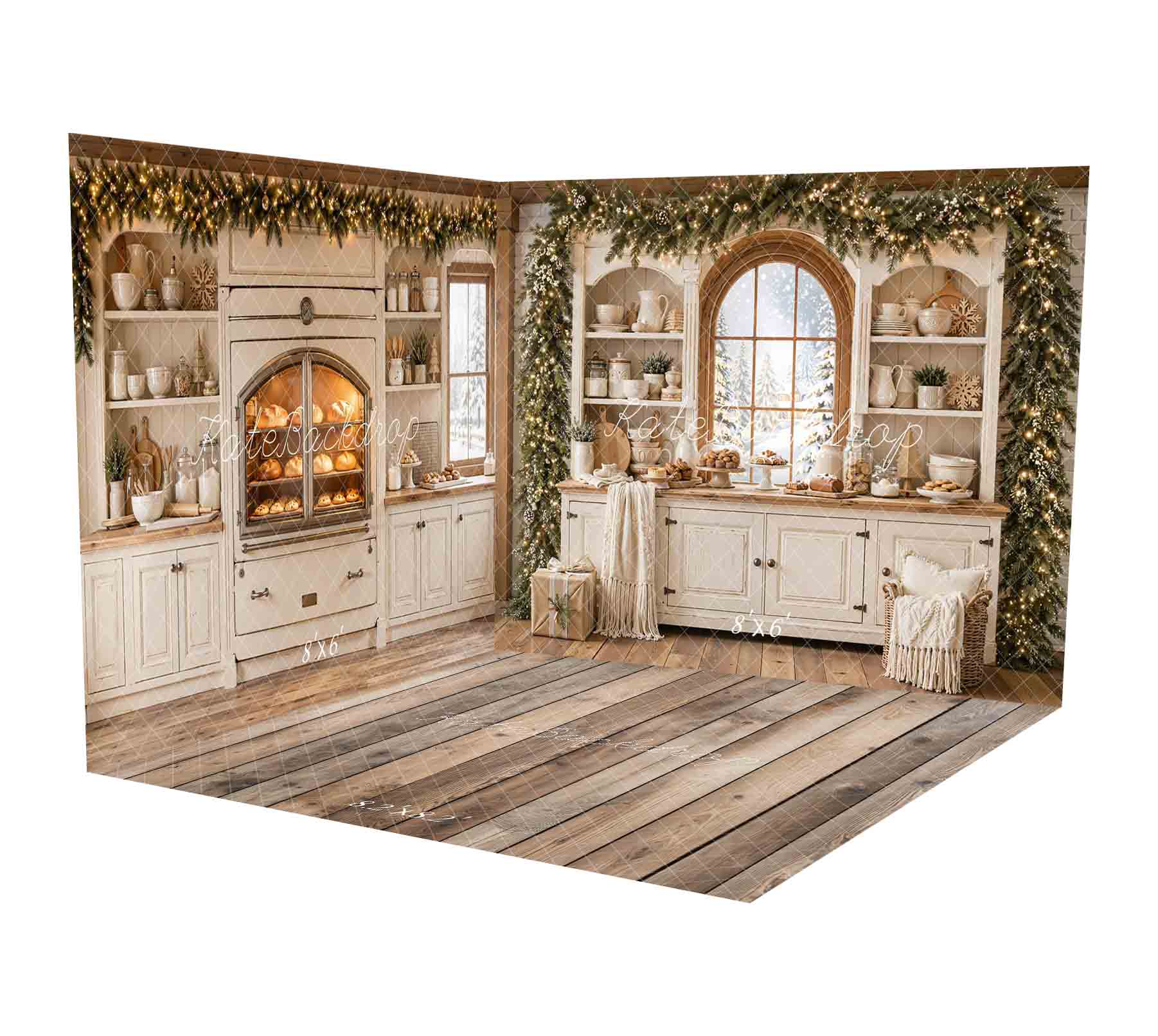 Kate Christmas Kitchen Cabinet Baking White Window Garland Blanket Printed Backdrop Room Set