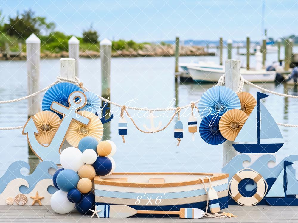 Kate Cake Smash Nautical Dock Boat Anchor Sailboat Blue Printed Backdrop Designed by Patty Roberts