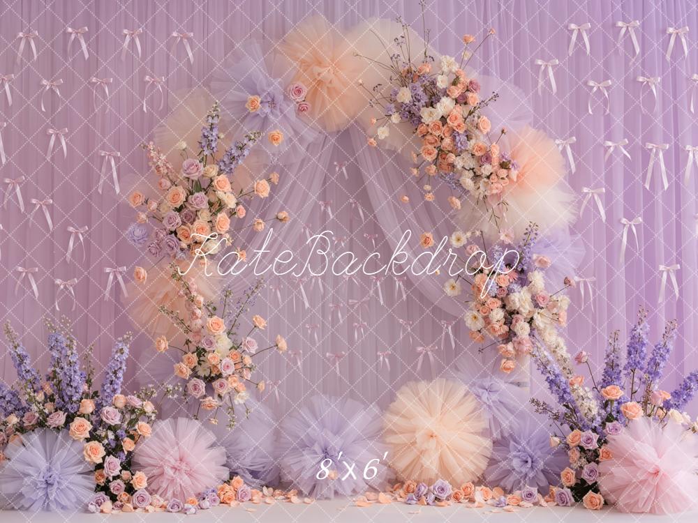 Kate Mother's Day Flower Arch Pastel Tulle Bows Purple Roses Backdrop Designed by Emetselch