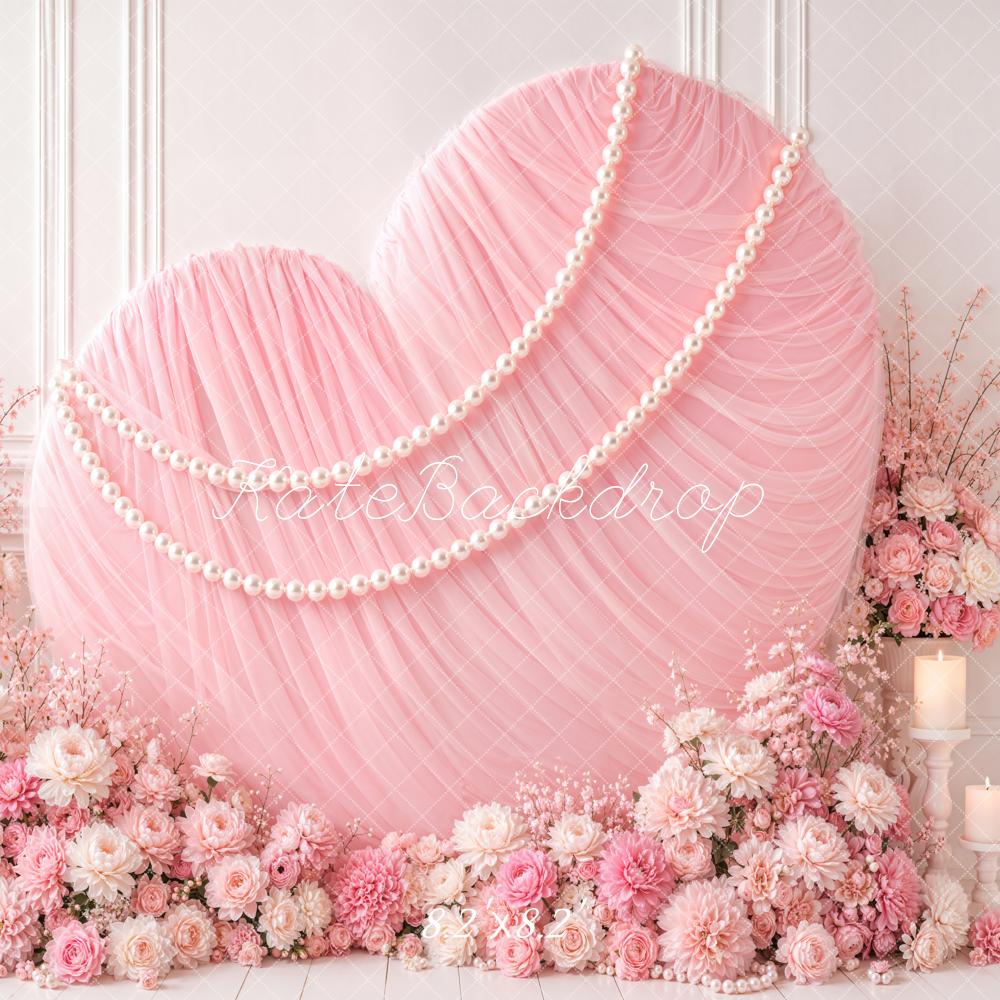 Kate Valentine's Day Pink Chiffon Heart Pearls Flowers Vases Printed Backdrop Designed by Emetselch