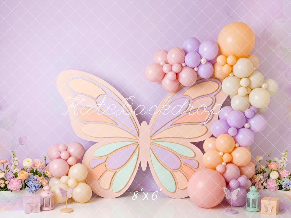Kate Cake Smash Pastel Butterfly Balloons Flowers Printed Backdrop Designed by Patty Roberts