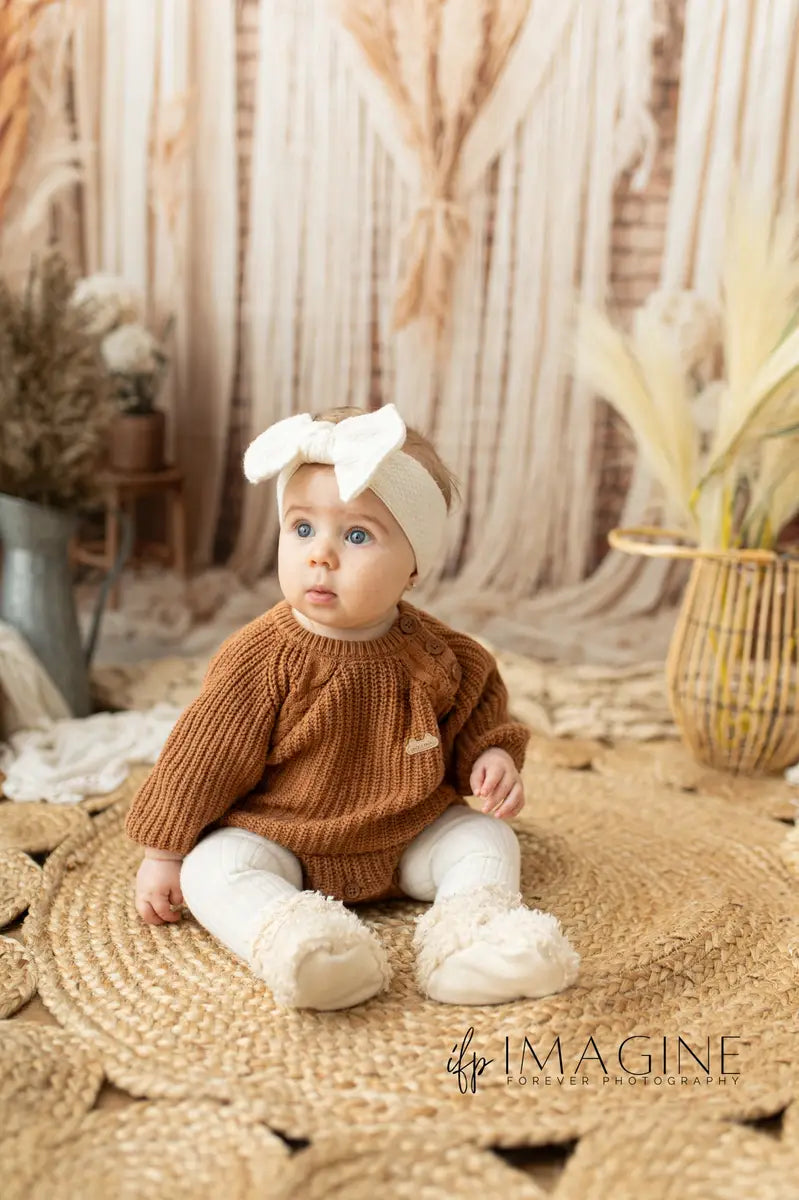 Kate Mother's Day Boho Beige Macrame Pampas Grass Brick Wall Backdrop Designed by Chain Photography