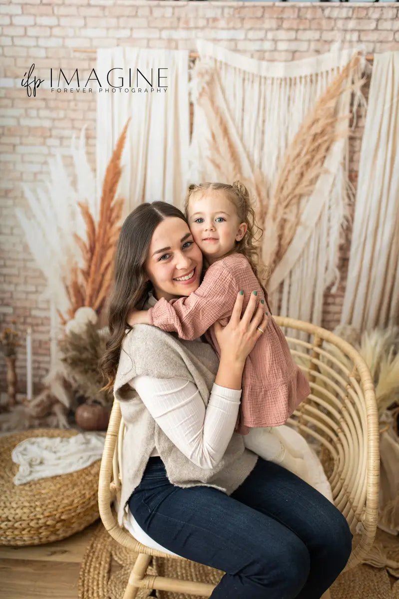Kate Mother's Day Boho Beige Macrame Pampas Grass Brick Wall Backdrop Designed by Chain Photography