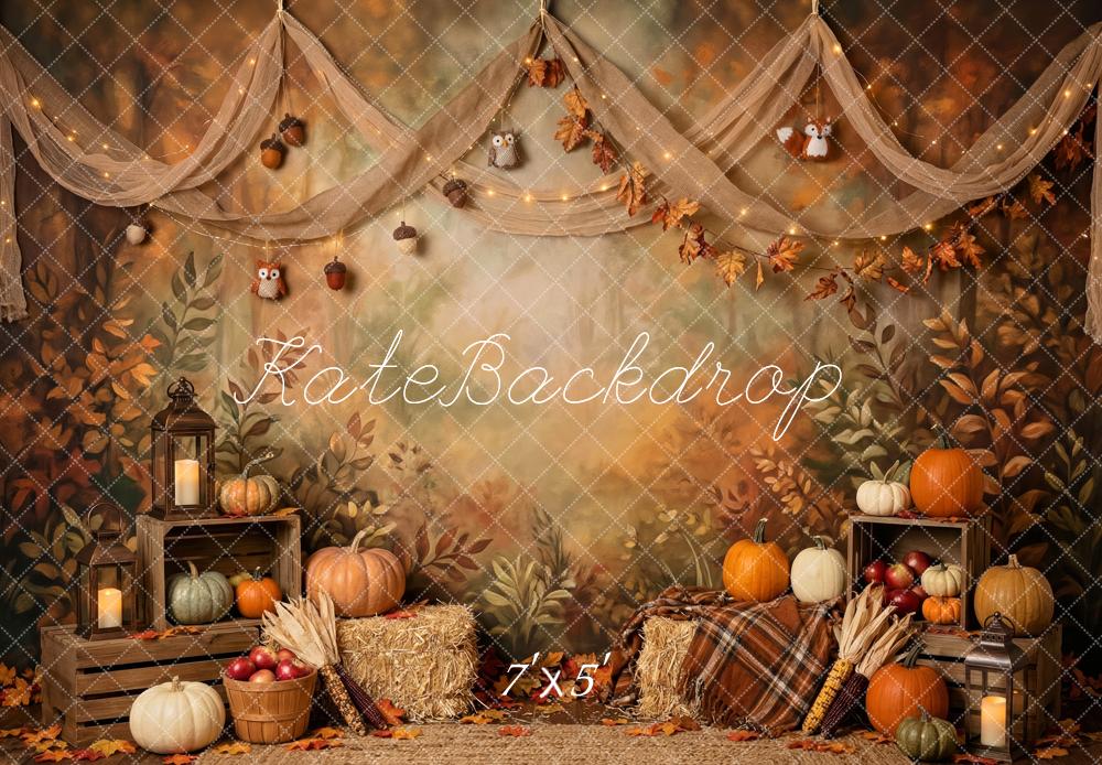Kate Fall Woodland Harvest Pumpkins Hay Bales Owls Printed Backdrop Designed by Patty Roberts