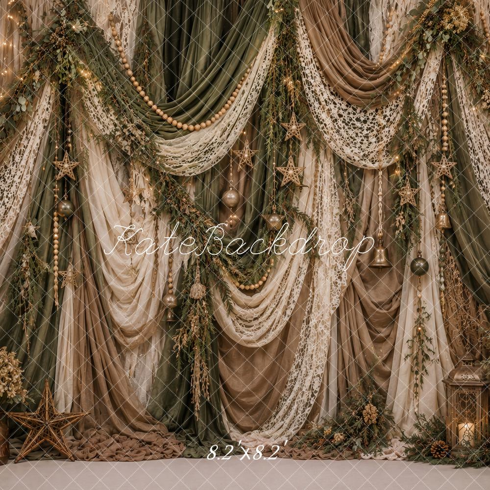 Kate Christmas Boho Lace Draped Greenery Printed Backdrop Printed Backdrop Designed by Ashley Paul