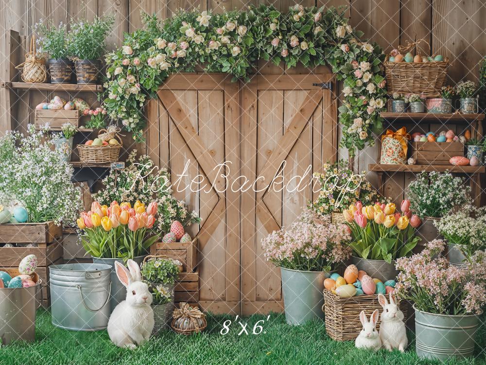 Kate Easter Wooden Door Bunny Flower Arch Tulips Rustic Backdrop Designed by Emetselch