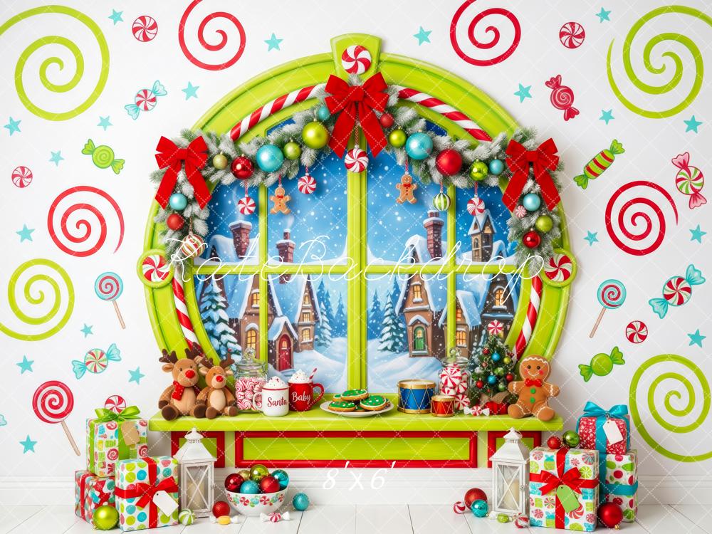 Kate Christmas Whimstical Candy Window Village Printed Backdrop Designed by Patty Roberts