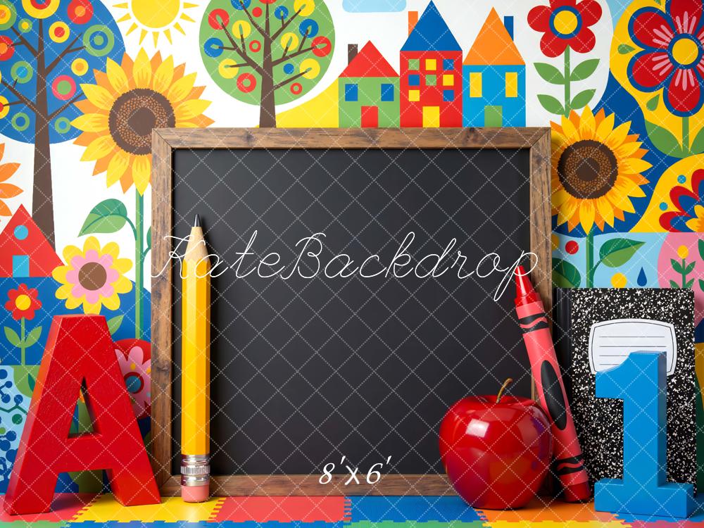 Kate Back to School Chalkboard Colorful Houses Sunflowers Printed Backdrop Designed by Mini MakeBelieve