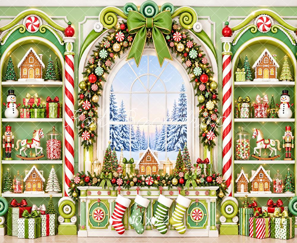 Kate Christmas Fantasy Toys Room Green Gingerbread Candy Cane Window Printed Backdrop Designed by Emetselch