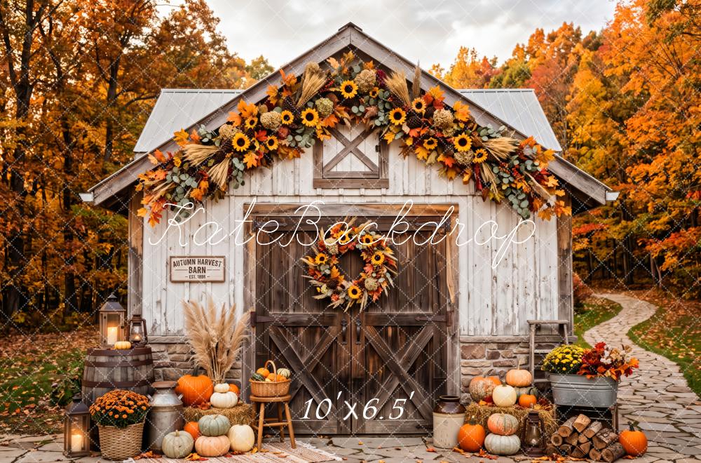 Kate Fall Wood Barn Sunflowers Pumpkins Harvest Forest Printed Backdrop Designed by Patty Roberts