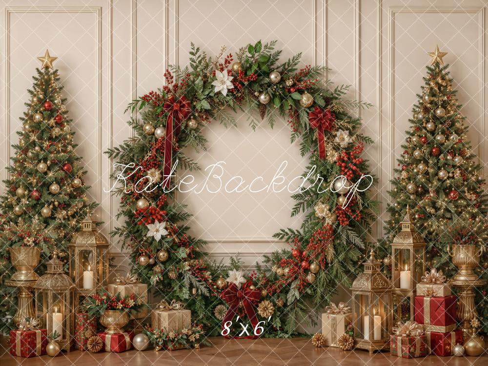Kate Christmas Greenery Wreath Arch Trees Lanterns Cozy Printed Backdrop Designed by Emetselch