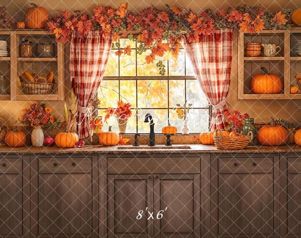 Kate Fall Kitchen Window Pumpkins Rustic Shelves Backdrop Designed by Emetselch