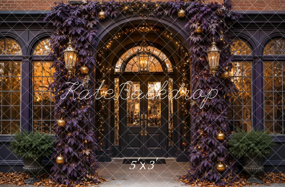 Kate Halloween Dark Purple Leaves Vintage Archway Entrance Printed Backdrop Designed by Emetselch