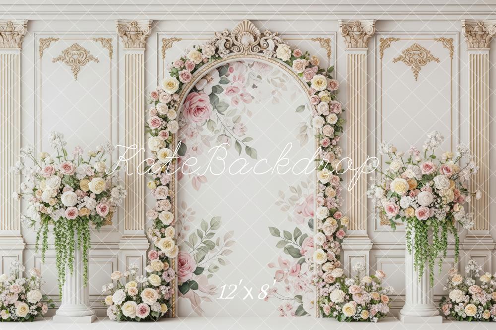 Kate Spring Flower Arch Floral Columns White Wall Backdrop Designed by Patty Roberts