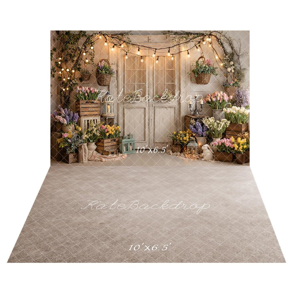 Kate Spring Flower Crates Rustic Door String Lights Backdrop+Beige Floor Backdrop Backdrop