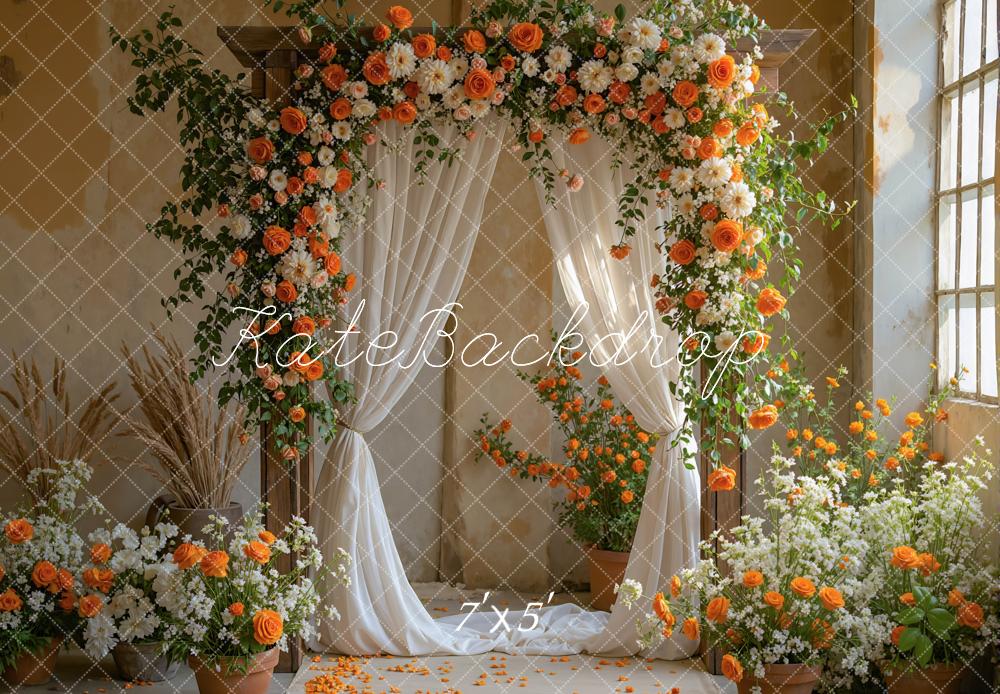 Kate Fall Flower Arch Orange White Roses Greenery Drapes Backdrop Designed by Mini MakeBelieve