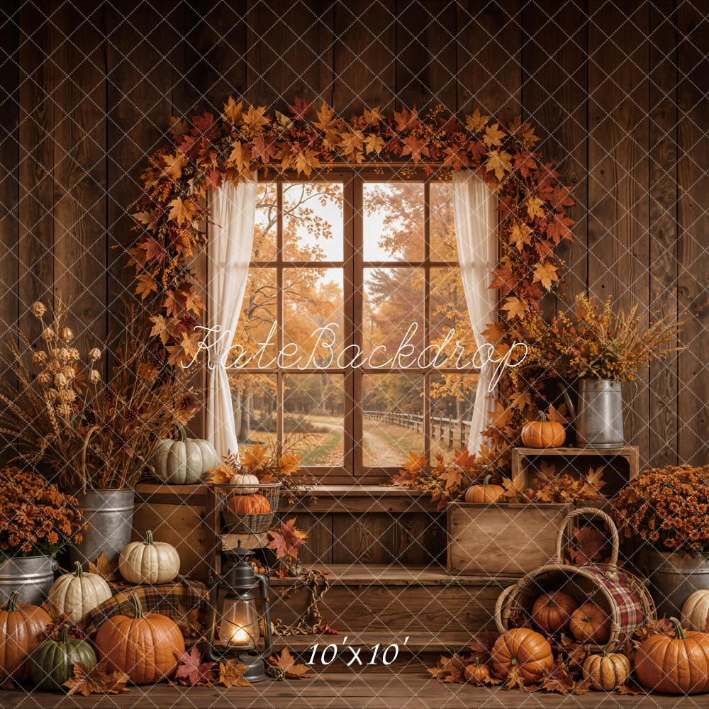 Kate Fall Pumpkins Window Maple Leaves Rustic Wood Printed Backdrop Designed by Emetselch