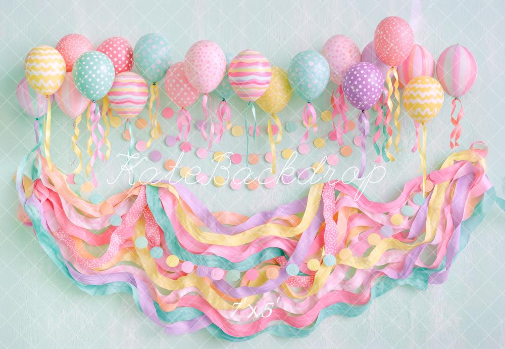 Kate Birthday Party Kids Pastel Balloons Streamers Printed Backdrop Designed by Angela Miller