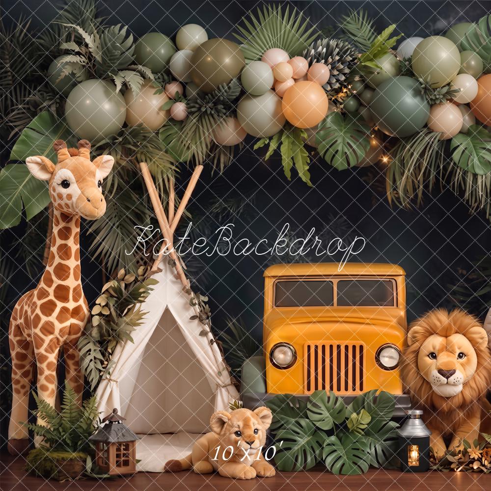 Kate Cake Smash Jungle Jeep Balloon Animals Printed Backdrop Designed by Chain Photography