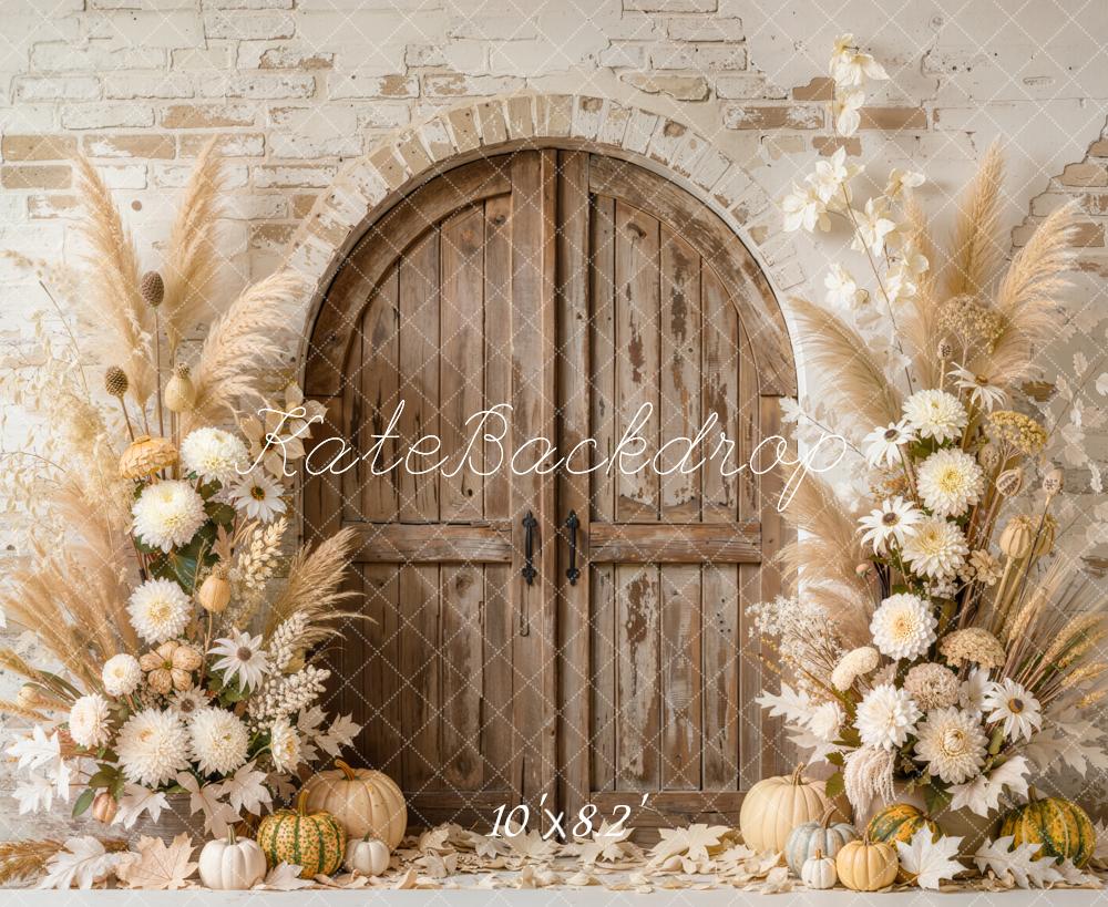 Kate Fall Arched Wooden Door Pumpkin Flower Pampas Grass Printed Backdrop Designed by Emetselch