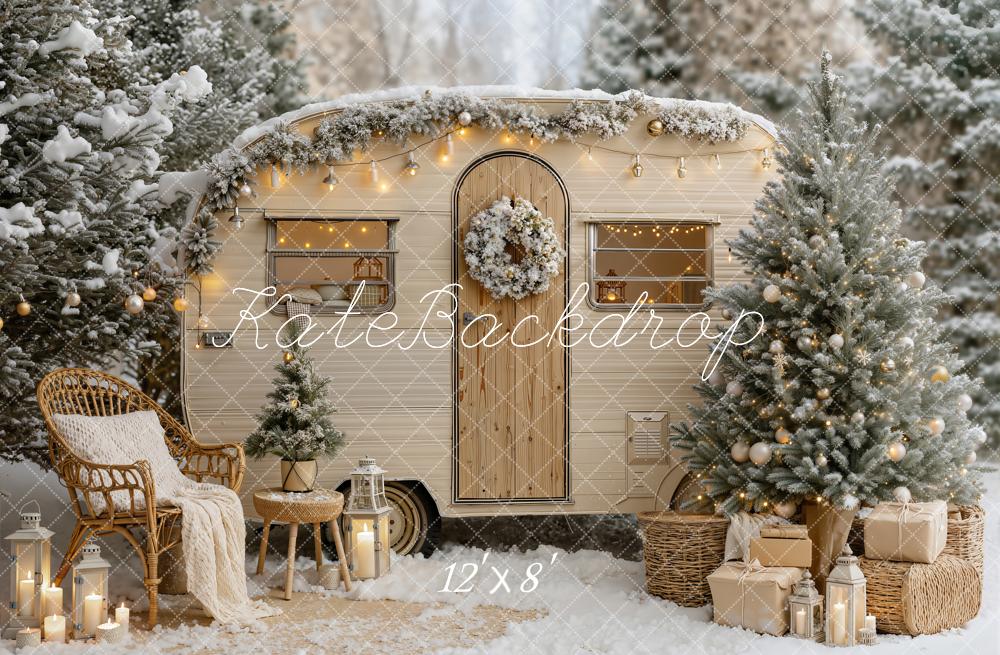 Kate Christmas Snowy Beige Camper Van Trees Lights Chair Printed Backdrop Designed by Emetselch