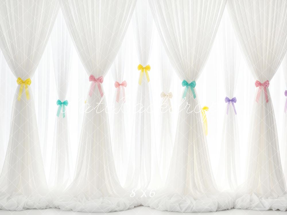 Kate White Sheer Curtains Pastel Bows Backdrop Designed by Patty Roberts