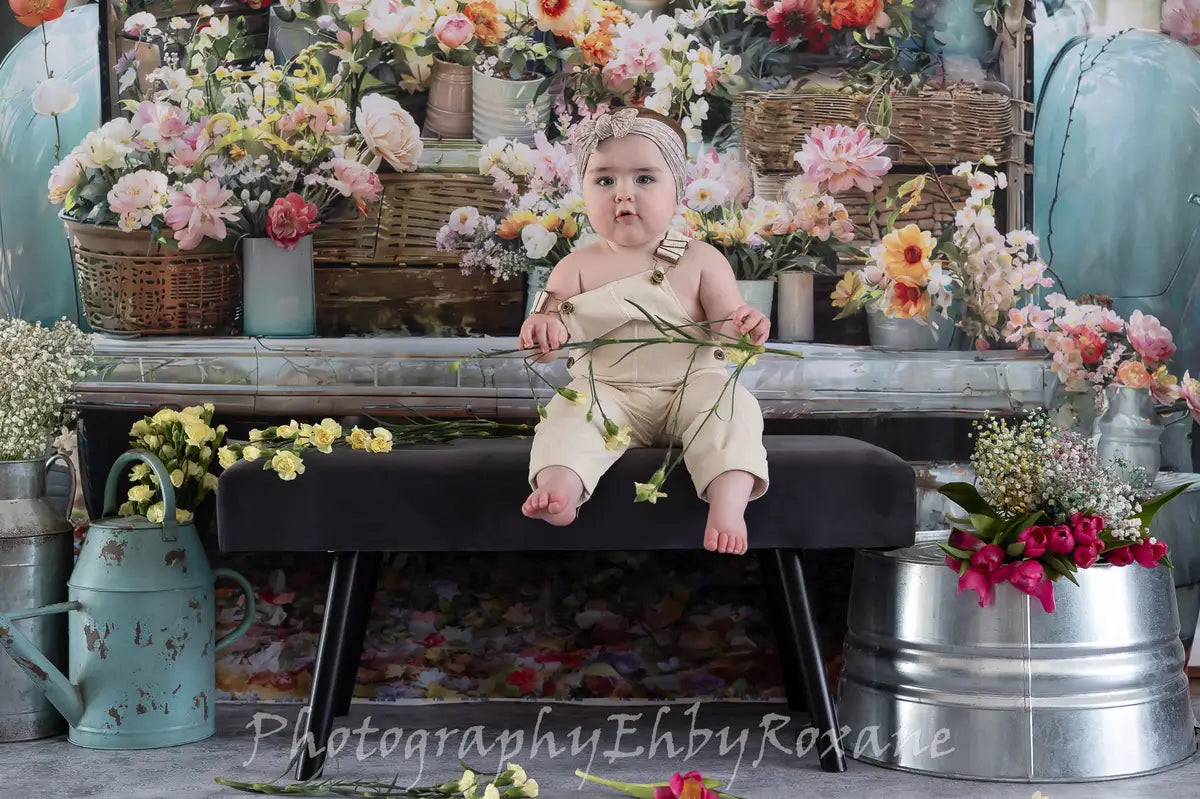 Kate Spring Green Forest Truck Flowers Backdrop Designed by Emetselch