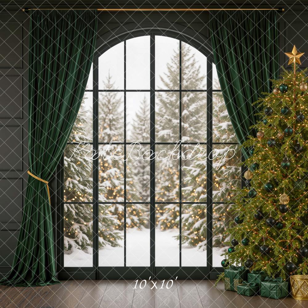 Kate Christmas Tree Window Green Curtains Printed Backdrop Designed by Mini MakeBelieve