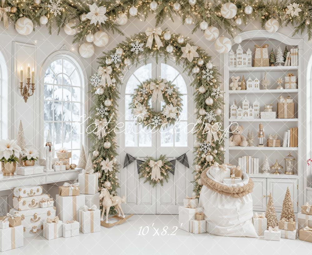 Kate Christmas White Garland Arch Gifts Toys Printed Backdrop Designed by Mini MakeBelieve