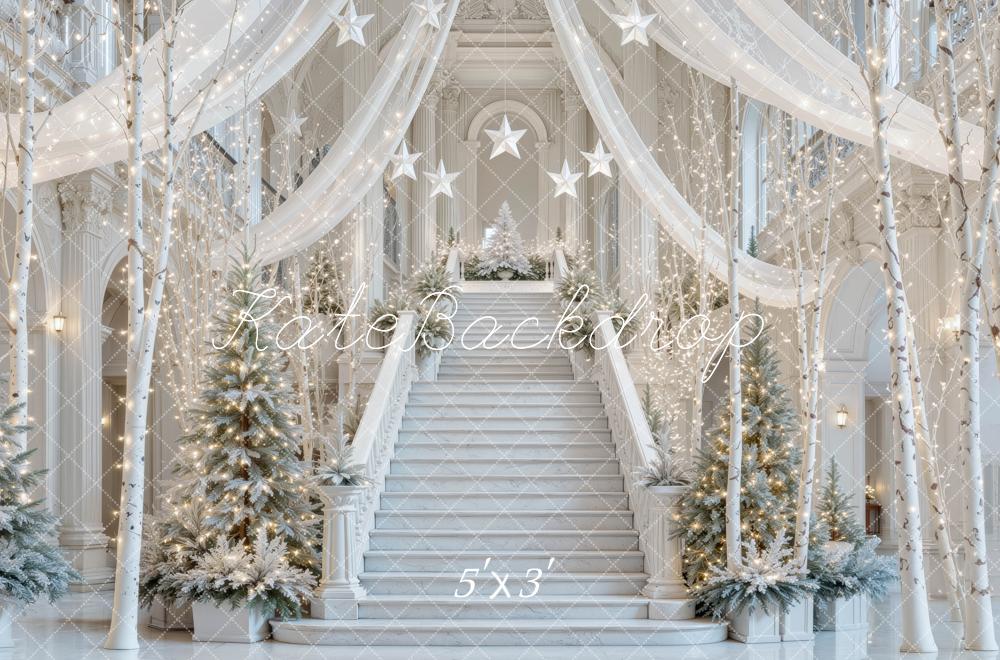 Kate Christmas Winter Wonderland Staircase Christmas Trees White Printed Backdrop Designed by Mini MakeBelieve