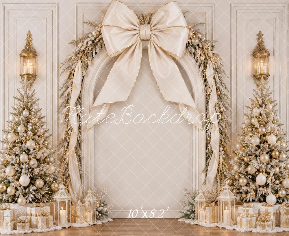 Kate Christmas White Gold Bow Luxury Trees Garland Printed Backdrop Designed by Emetselch