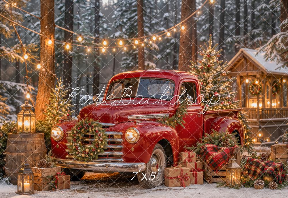 Lightning Deal Kate Christmas Truck Red Vintage Forest Lantern Gifts Cabin Printed Backdrop Designed by Emetselch