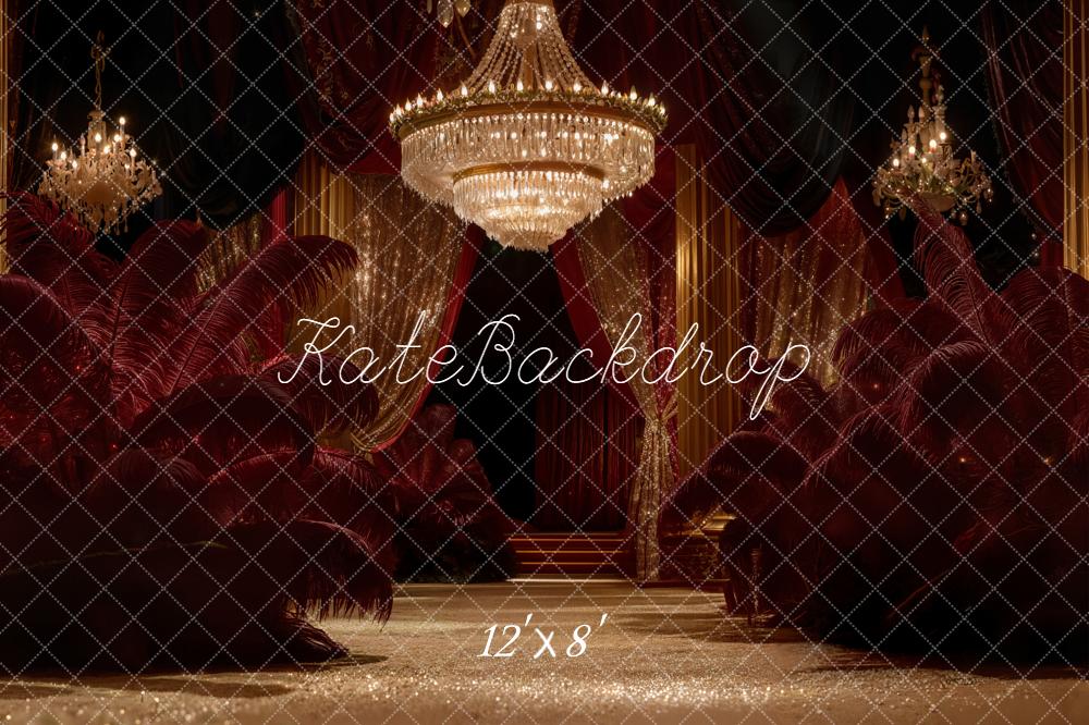 Kate Glamorous Stage Red Gold Chandelier Curtains Backdrop Designed by Emetselch