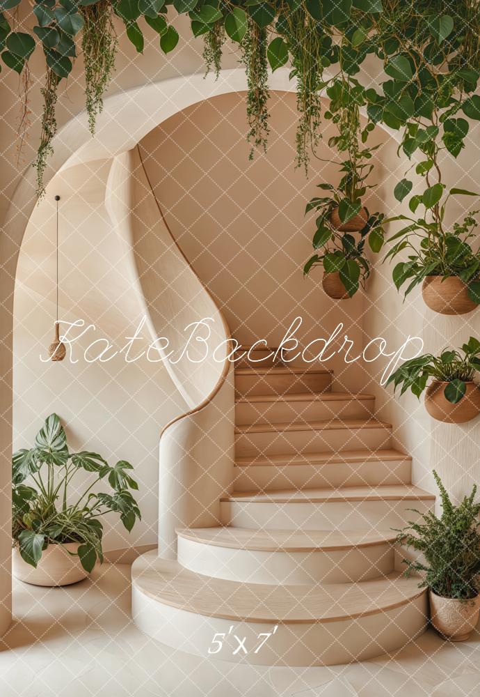 Neutral Arch Cascading Stairs Greenery Backdrop Designed by Emetselch