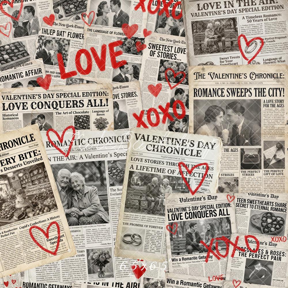 Kate Valentine's Day Newspaper Collage Love Hearts Printed Backdrop Designed by Chain Photography